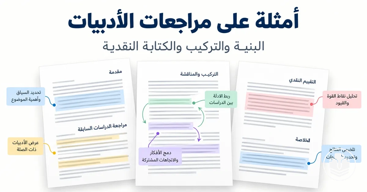 أمثلة مشروحة لمراجعات الأدبيات توضح البنية والتركيب والكتابة النقدية.