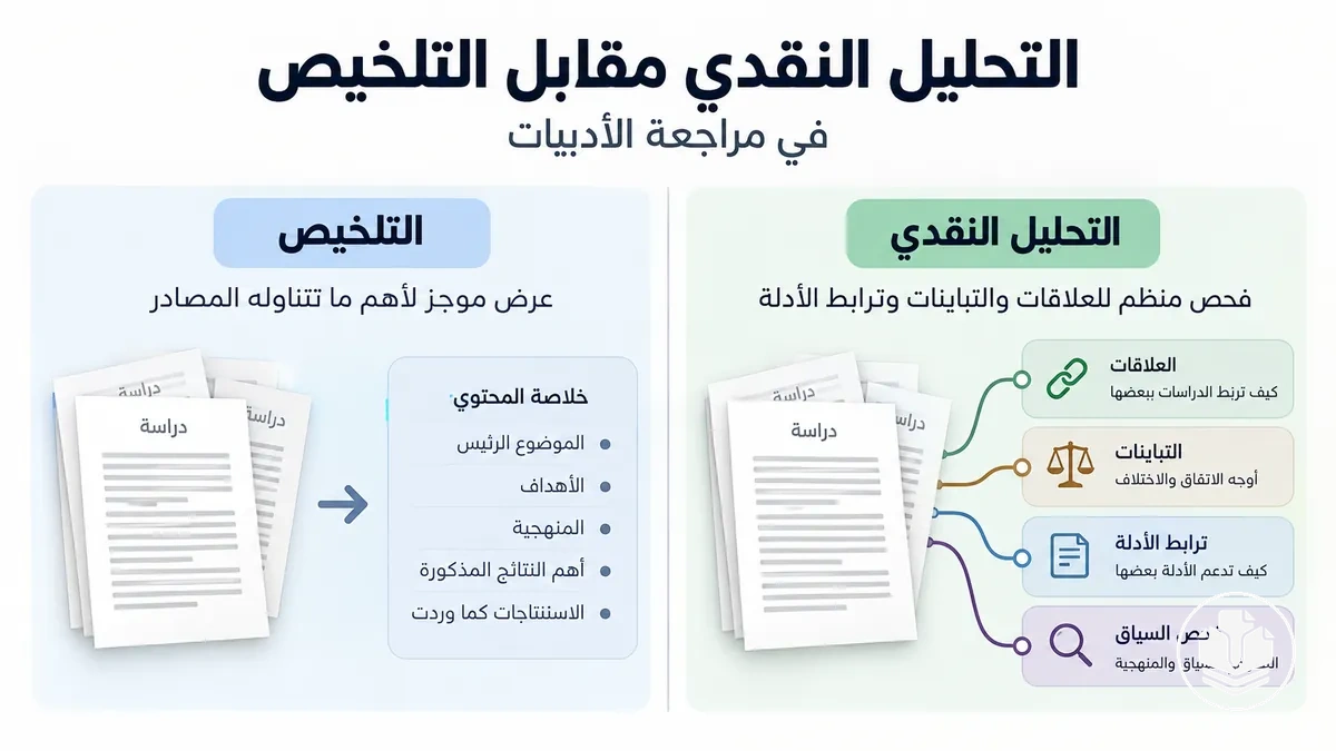 مقارنة بين التحليل النقدي والتلخيص الوصفي في مراجعة الأدبيات.