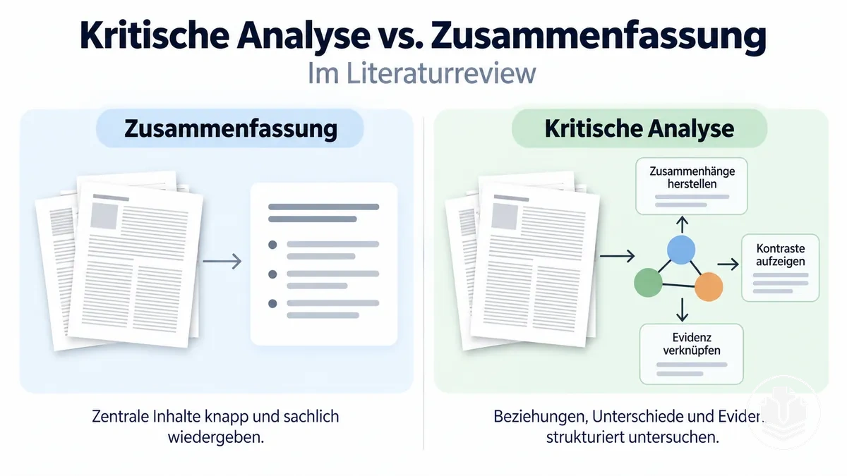 Vergleich zwischen kritischer Analyse und beschreibender Zusammenfassung in einem Literaturreview.