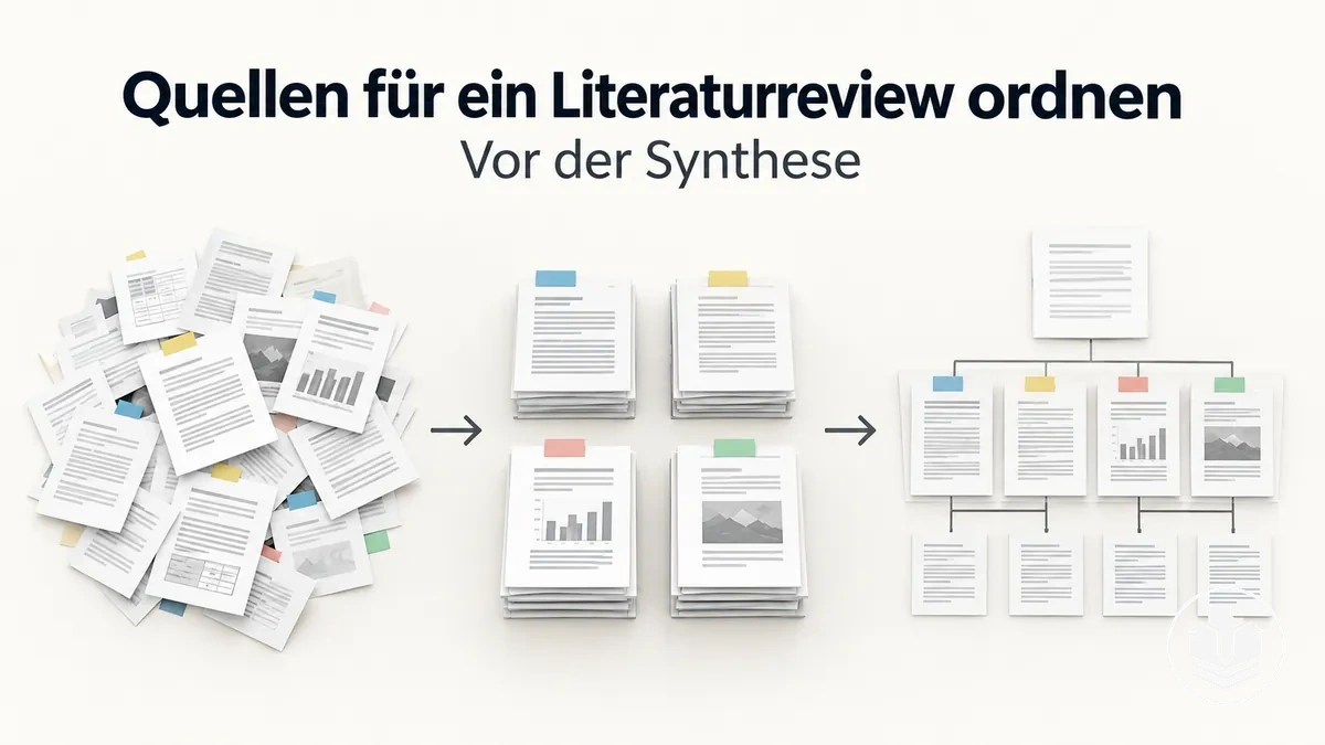 Arbeitsablauf zum Ordnen der Quellen eines Literaturreviews vor der Synthese.