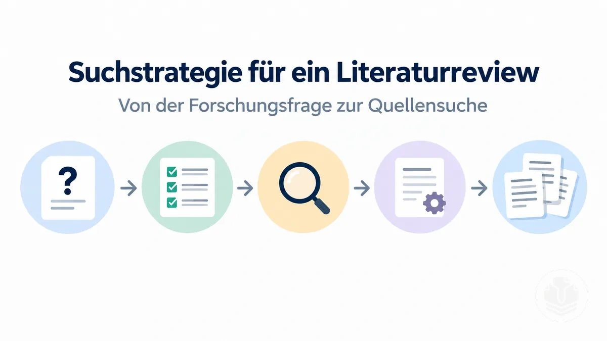Suchstrategie für ein Literaturreview von der Forschungsfrage bis zum Auffinden geeigneter Quellen.