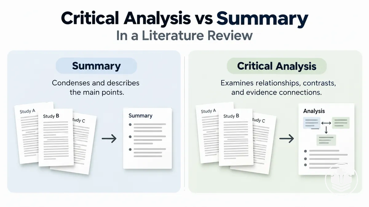Comparison of critical analysis and descriptive summary in a literature review.