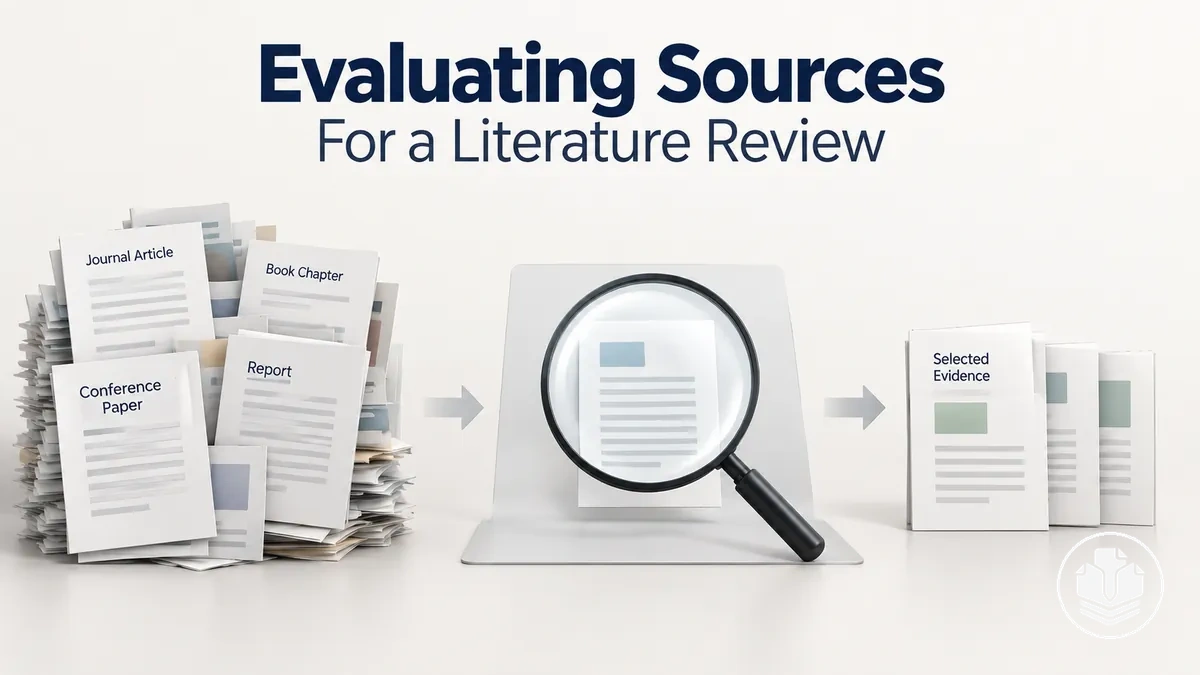 Source evaluation process for selecting relevant literature review evidence.