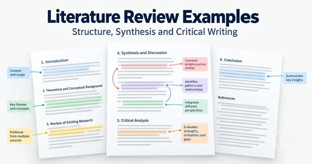 Annotated literature review examples showing structure, synthesis, and critical writing.