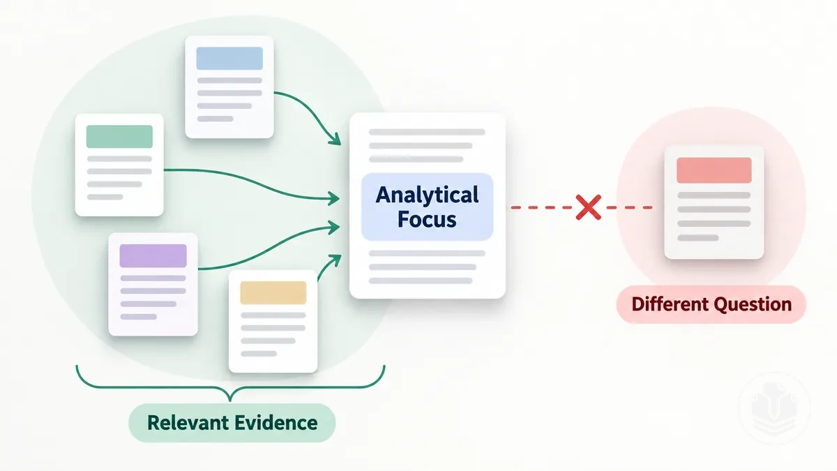 Illustration showing evidence selected for a literature review paragraph according to relevance to one analytical focus