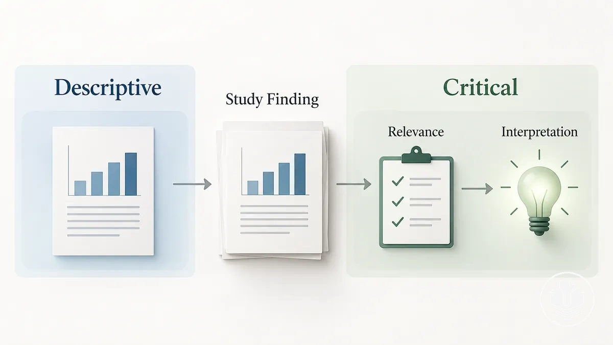 Descriptive reporting and critical evaluation of the same study finding using relevance as an evaluative criterion