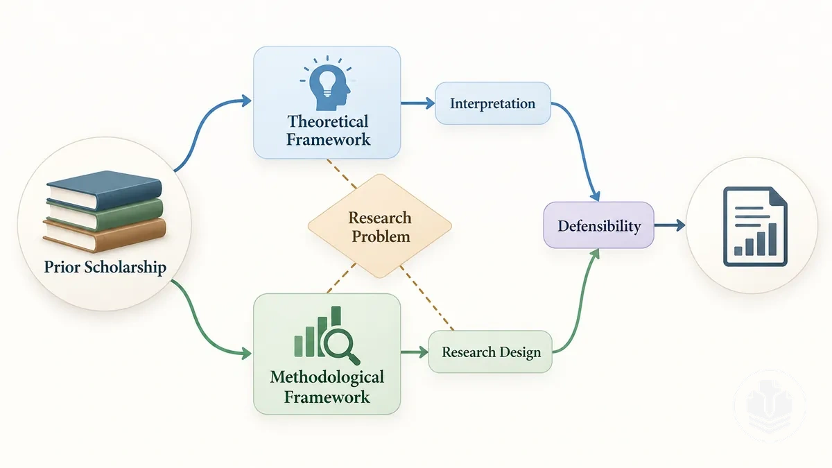 Diagram showing how prior scholarship grounds a study through theoretical concepts and methodological choices.