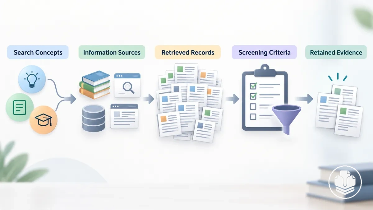 Literature search and screening path from search concepts and information sources to retrieved records, screening criteria, and retained evidence