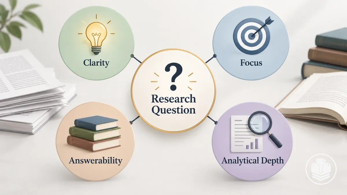 Criteria for evaluating the clarity, focus, answerability, and analytical depth of a literature review research question