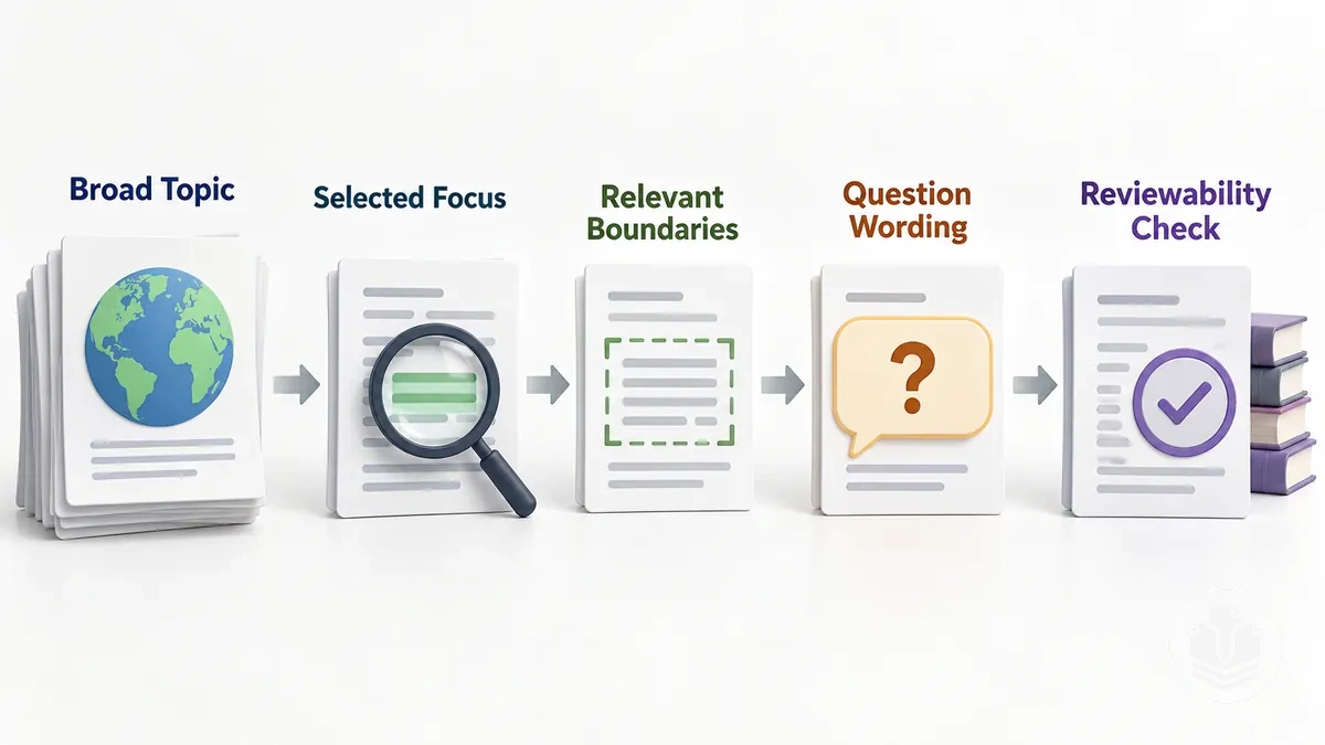 Five-stage refinement from a broad topic to a focused and reviewable literature review research question