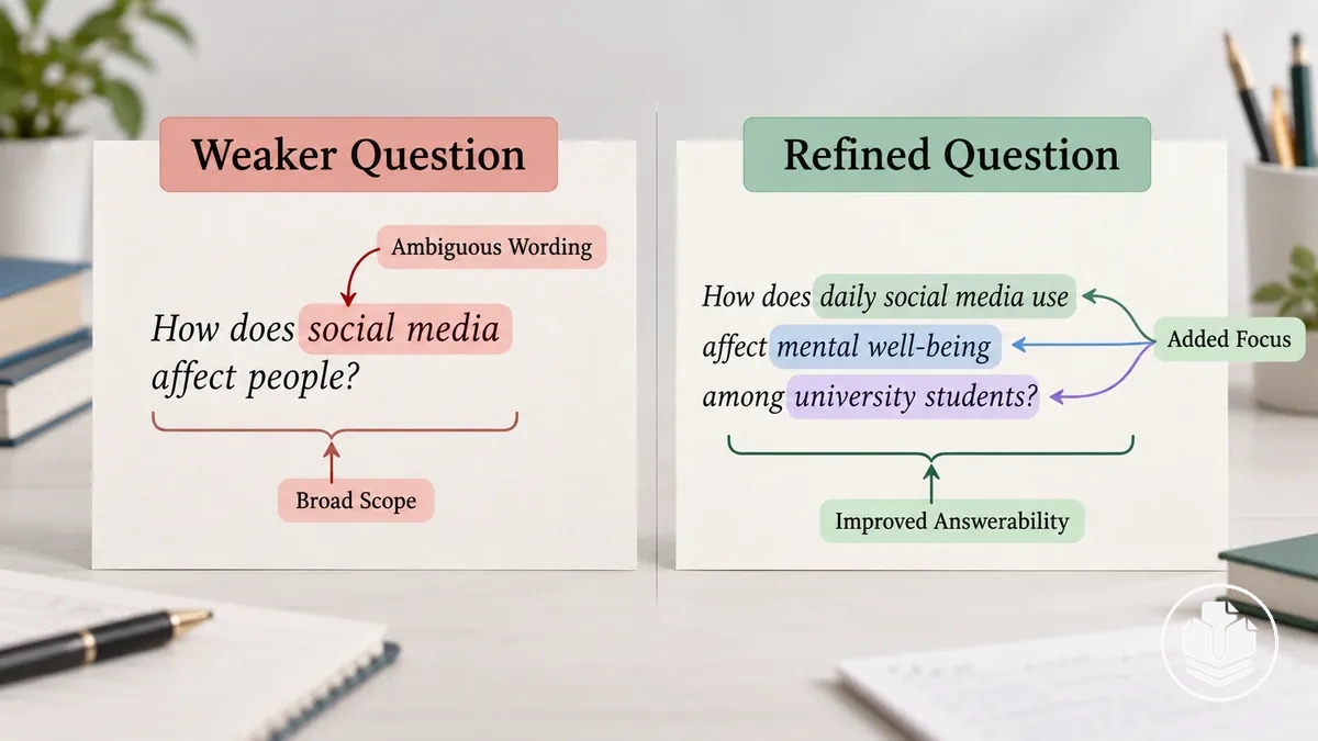 Annotated comparison showing ambiguous wording and a refined research question with clearer focus and answerability