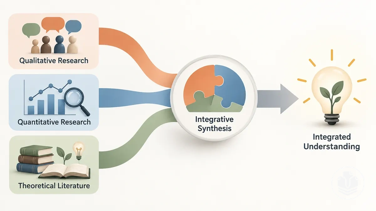 Illustration showing qualitative, quantitative and theoretical evidence contributing to an integrative literature review synthesis.