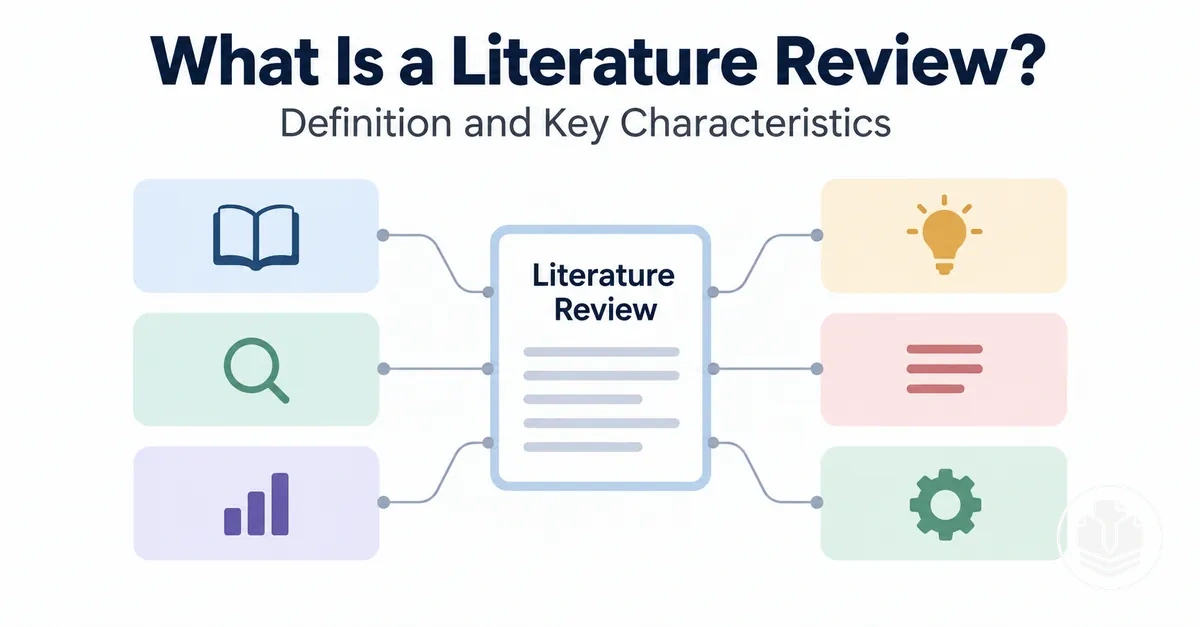 Diagram showing the defining characteristics of a literature review.