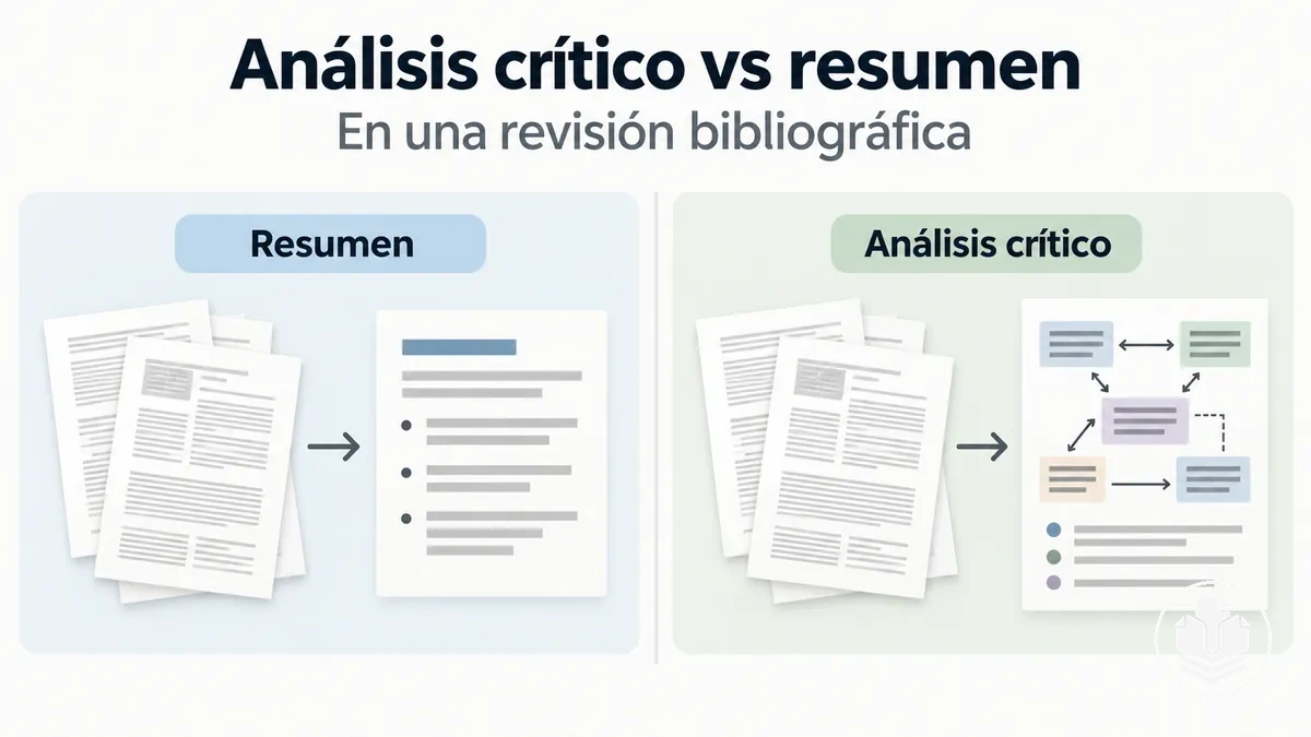 Comparación entre el análisis crítico y el resumen descriptivo en una revisión bibliográfica.