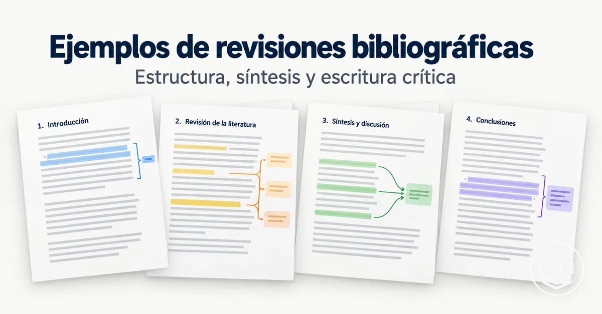 Ejemplos anotados de revisiones bibliográficas que muestran estructura, síntesis y escritura crítica.