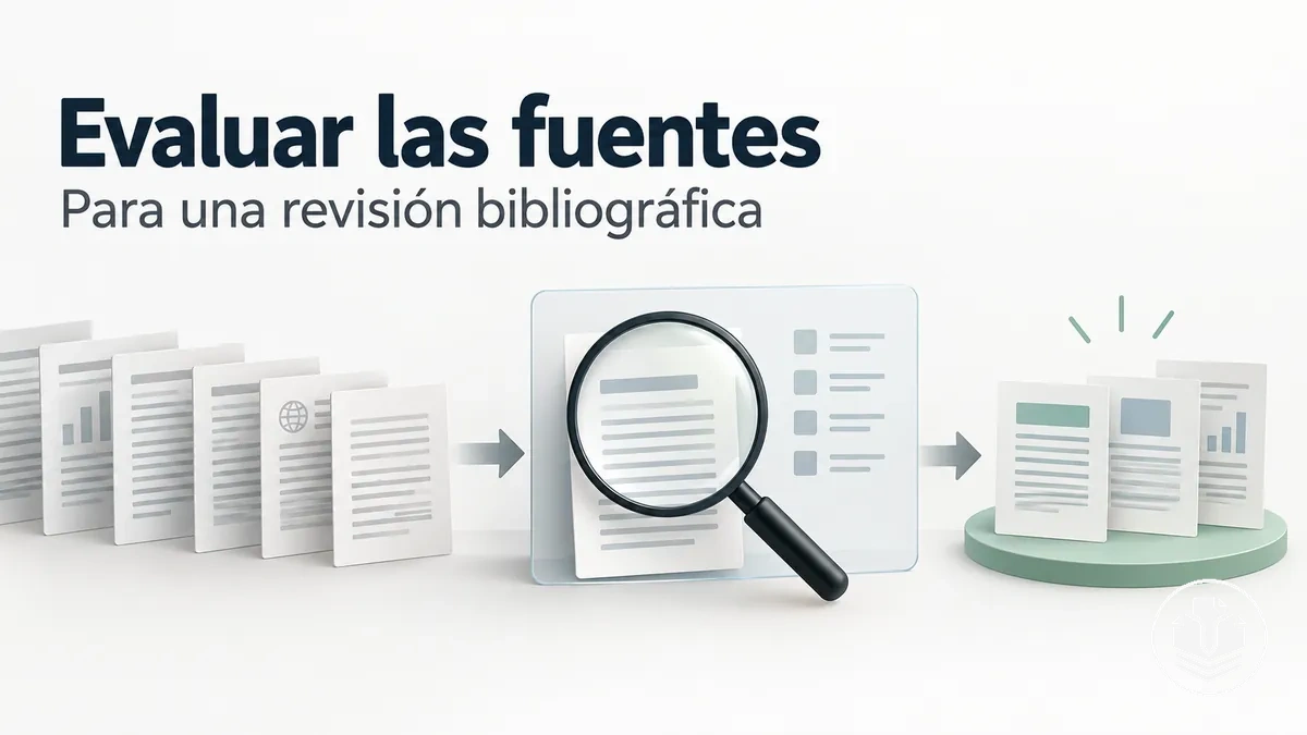 Proceso de evaluación de fuentes para seleccionar evidencia relevante en una revisión bibliográfica.