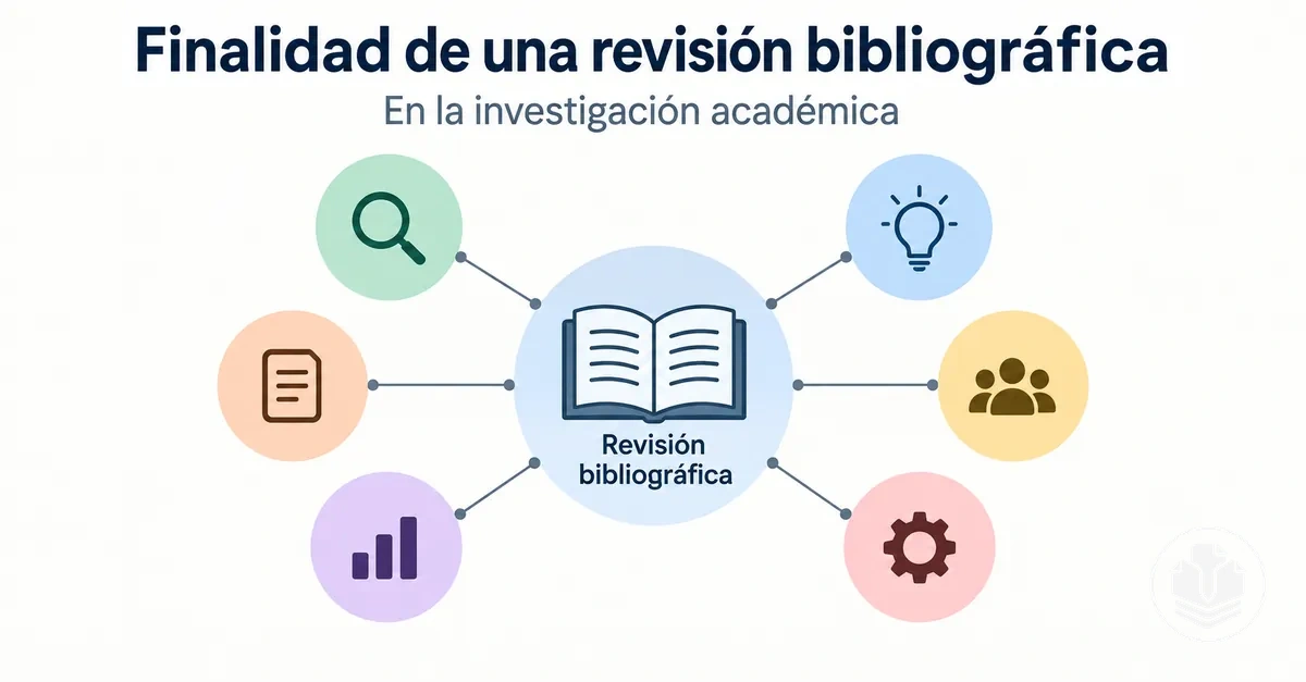 Diagrama de investigación académica con las principales finalidades de una revisión bibliográfica.