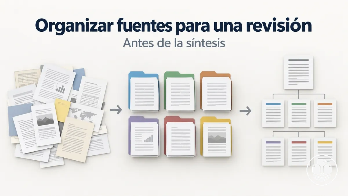 Flujo de trabajo para organizar las fuentes de una revisión bibliográfica antes de la síntesis.