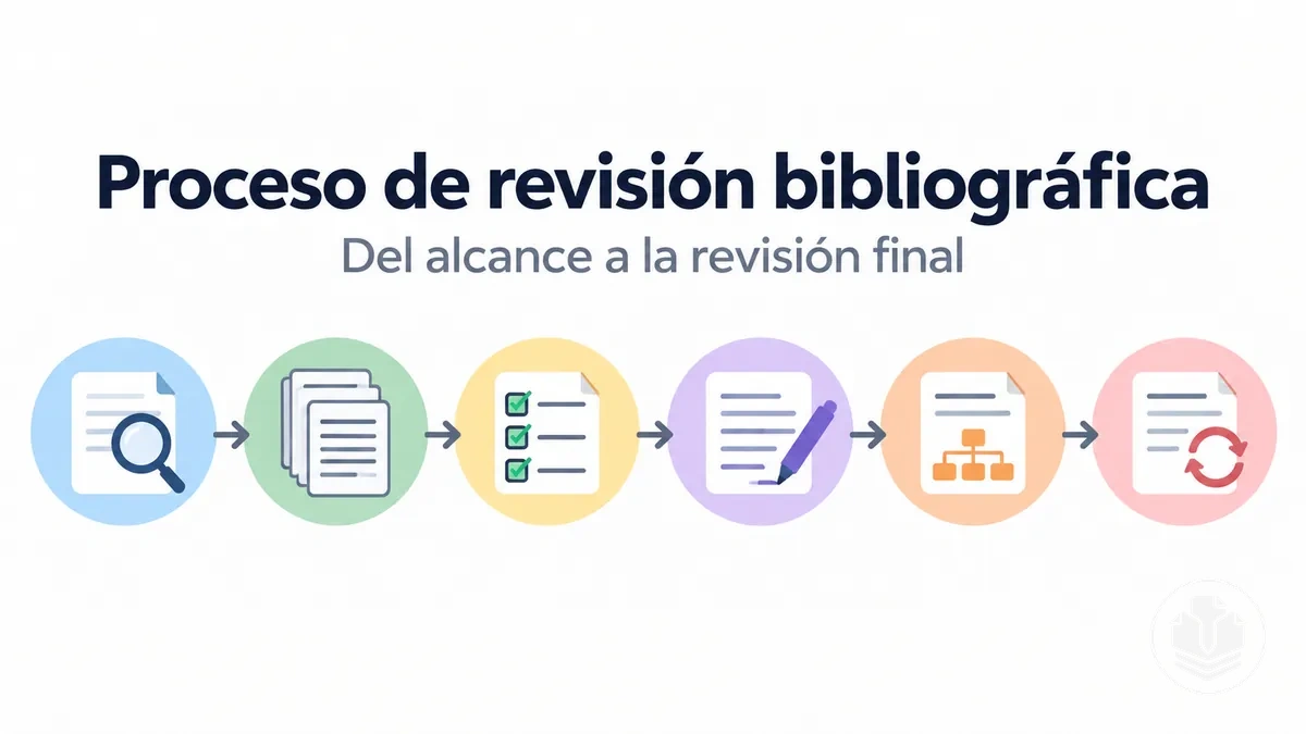 Proceso de revisión bibliográfica desde la definición del alcance hasta la revisión final.