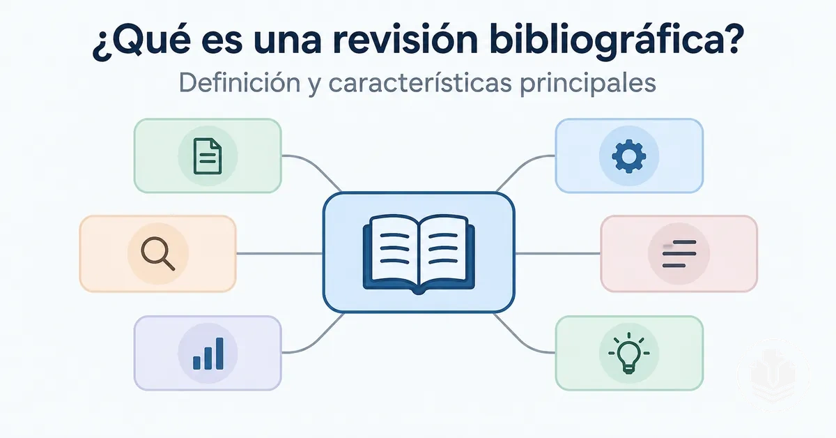 Diagrama con las características que definen una revisión bibliográfica.