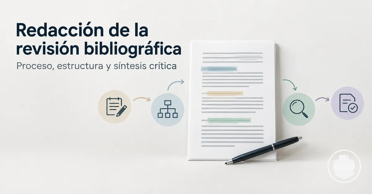 Flujo de redacción de una revisión bibliográfica desde la planificación hasta la síntesis crítica y la revisión final.