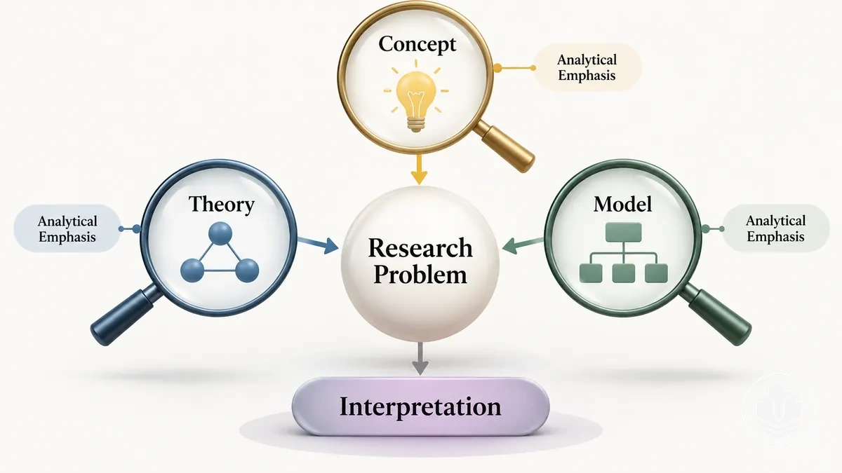 Ilustración que muestra cómo los conceptos, las teorías y los modelos enmarcan la interpretación de un problema de investigación.