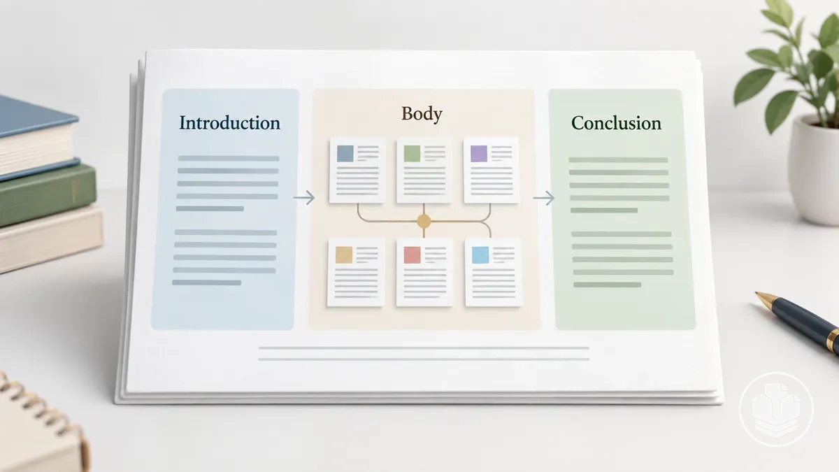 Estructura coherente de revisión bibliográfica que muestra las funciones conectadas de introducción, cuerpo y conclusión