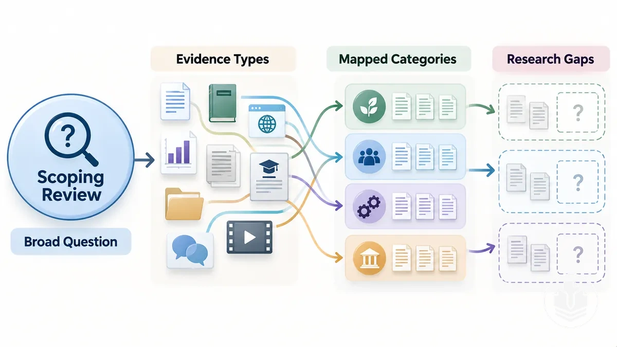 Diagrama de una revisión de alcance que cartografía tipos amplios de evidencia, conceptos y lagunas de investigación.