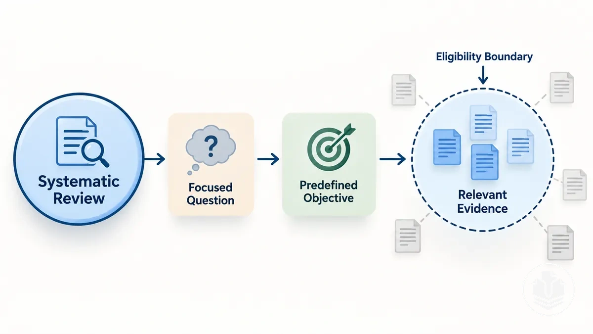 Diagrama que muestra cómo una pregunta centrada y objetivos predefinidos en una revisión sistemática establecen los límites de elegibilidad de la evidencia.