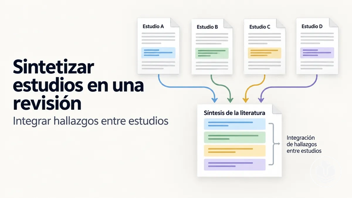 Proceso de síntesis entre estudios para integrar hallazgos en una revisión bibliográfica.