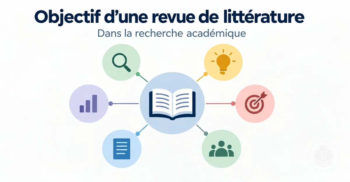 Schéma de recherche académique présentant les principaux objectifs d’une revue de littérature.