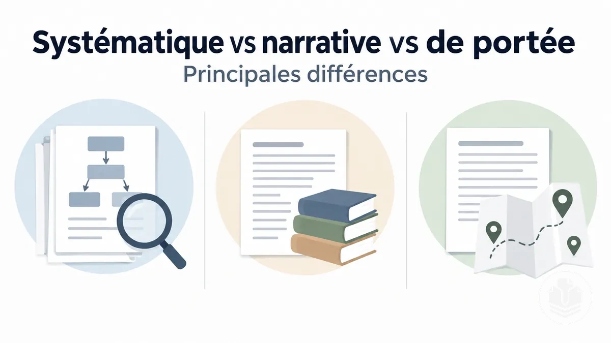 Comparaison des approches de revue systématique, narrative et de portée.