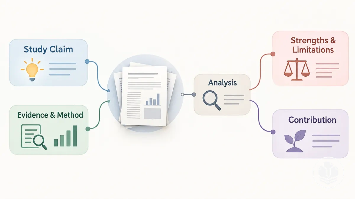 Diagramme montrant comment une revue de littérature analyse les affirmations, les preuves, les limites et la contribution d’une étude.