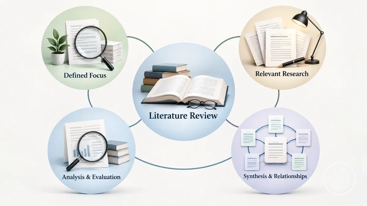 Diagramme montrant les recherches pertinentes, l’analyse et l’évaluation, et la synthèse reliées autour du sujet défini d’une revue de littérature.