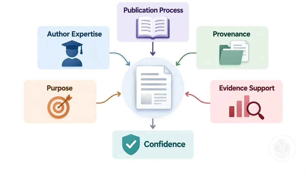 Illustration de l autorité, du processus de publication, de la finalité et du soutien par les preuves utilisés pour évaluer la crédibilité d une source.