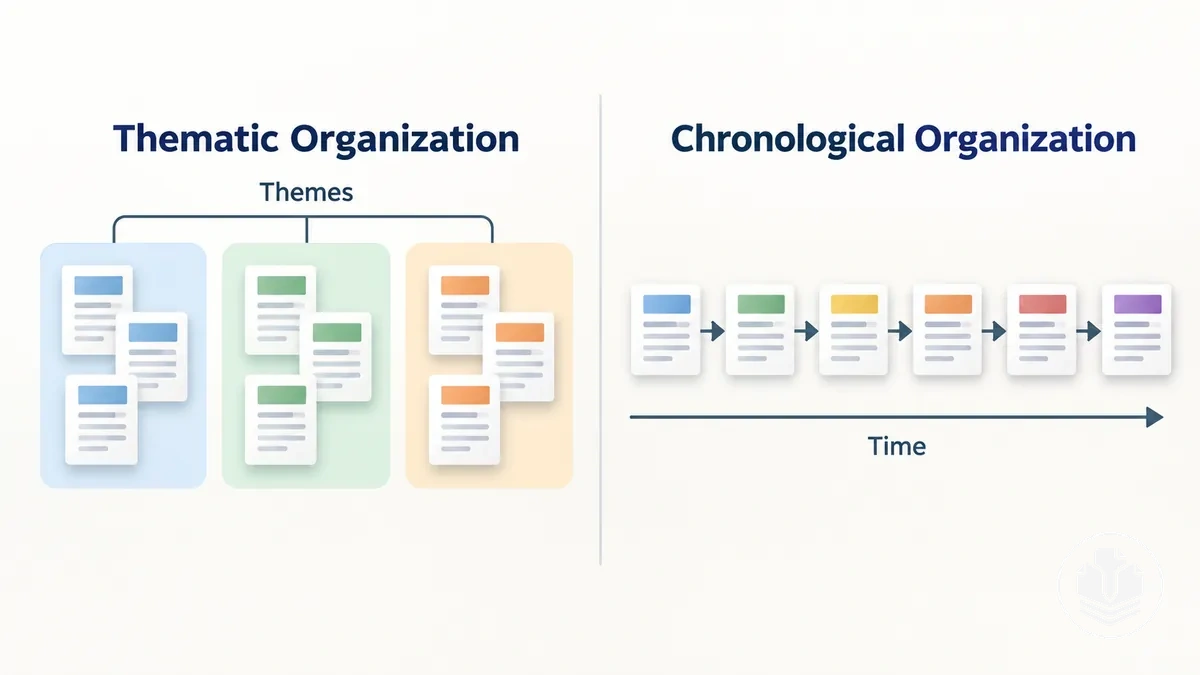 Mêmes sources organisées en groupes thématiques et en séquence chronologique