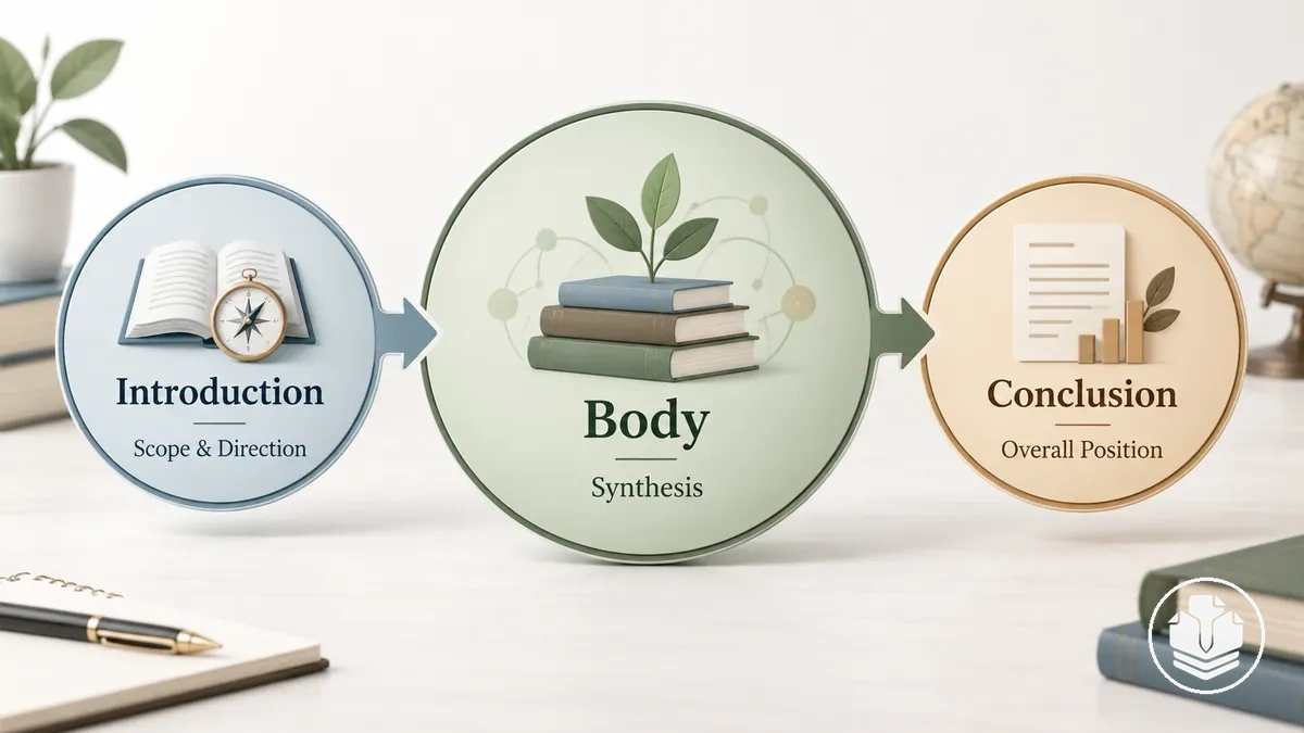 Les trois grandes sections d’une revue de littérature : introduction, corps et conclusion.