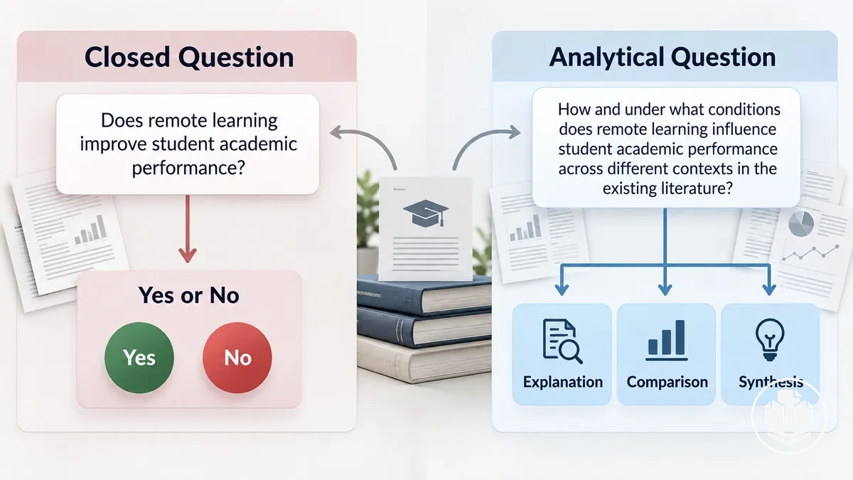 Comparaison entre une question de recherche fermée appelant une réponse oui ou non et une question orientée vers l’analyse sur le même sujet.
