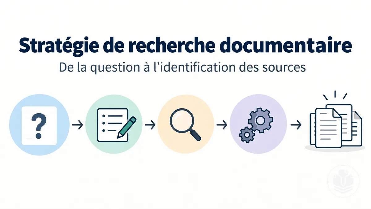 Stratégie de recherche documentaire pour une revue de littérature, de la question de recherche à l’identification des sources.