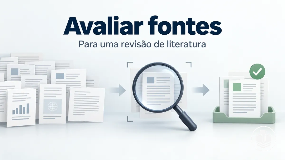 Processo de avaliação de fontes para selecionar evidências relevantes em uma revisão de literatura.