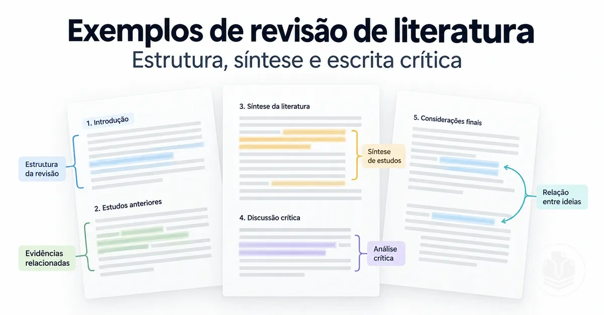 Exemplos anotados de revisões de literatura mostrando estrutura, síntese e escrita crítica.