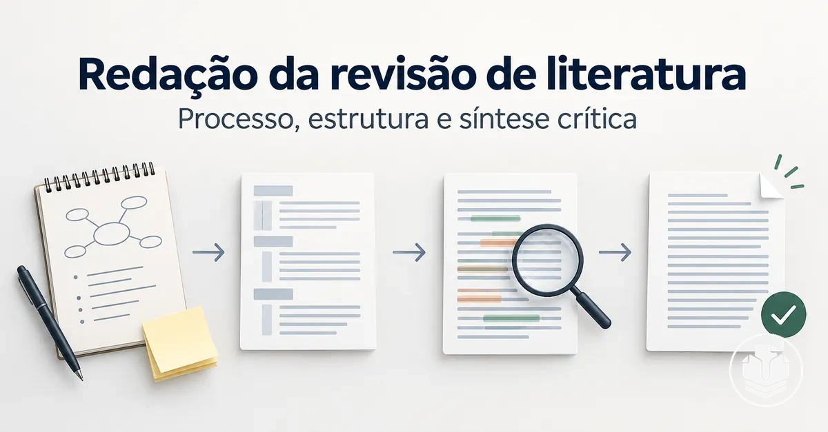 Fluxo de redação de uma revisão de literatura, do planejamento à síntese crítica e à revisão final.