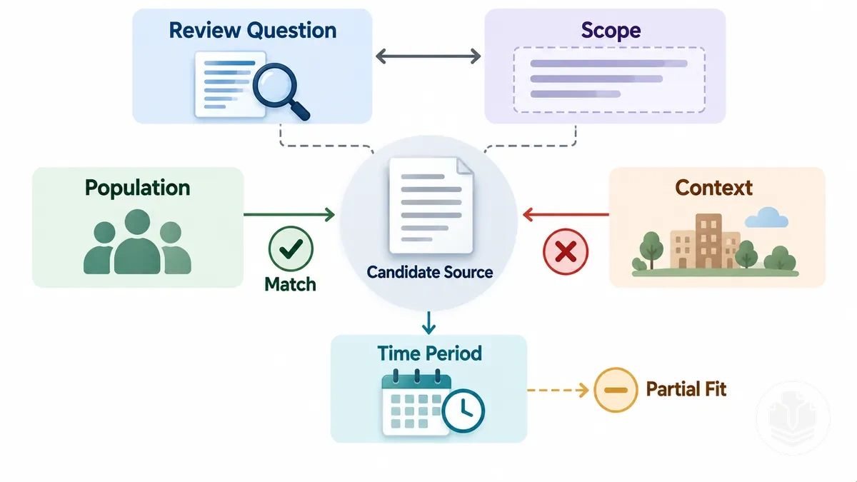 Diagrama que mostra como uma fonte para revisão de literatura é verificada em relação à pergunta e ao escopo da revisão.