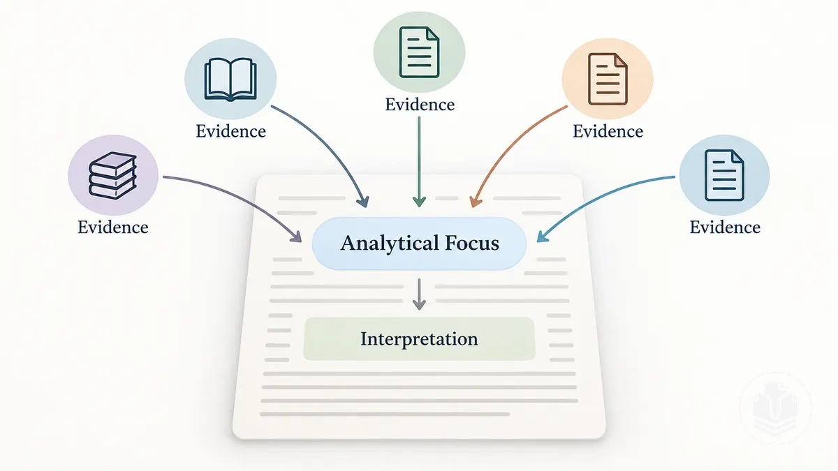 Diagrama mostrando múltiplas fontes alinhadas a um foco analítico em um parágrafo de revisão de literatura