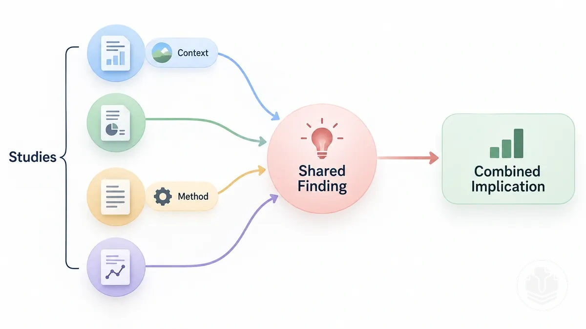 Diagrama mostrando vários estudos convergindo para um achado em comum com qualificações contextuais