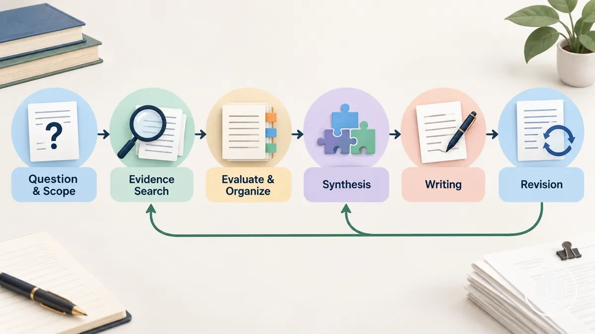 Fluxo de trabalho da revisão de literatura, da pergunta de pesquisa e busca de evidências à síntese, redação e revisão