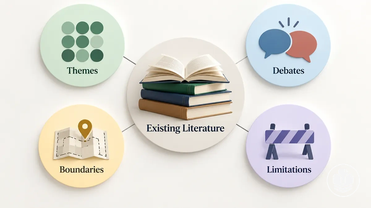 Gráfico comparativo distinguindo temas, debates, limites e limitações na literatura existente.
