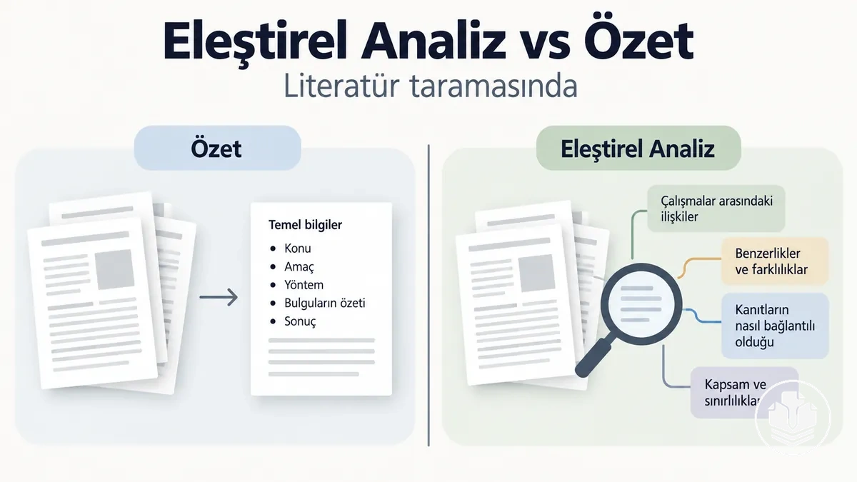 Literatür taramasında eleştirel analiz ile betimleyici özetin karşılaştırması.