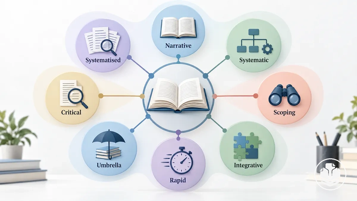 Anlatı, sistematik, kapsam, bütünleştirici, hızlı, şemsiye, eleştirel ve sistematize literatür derlemelerini gruplandıran şema.