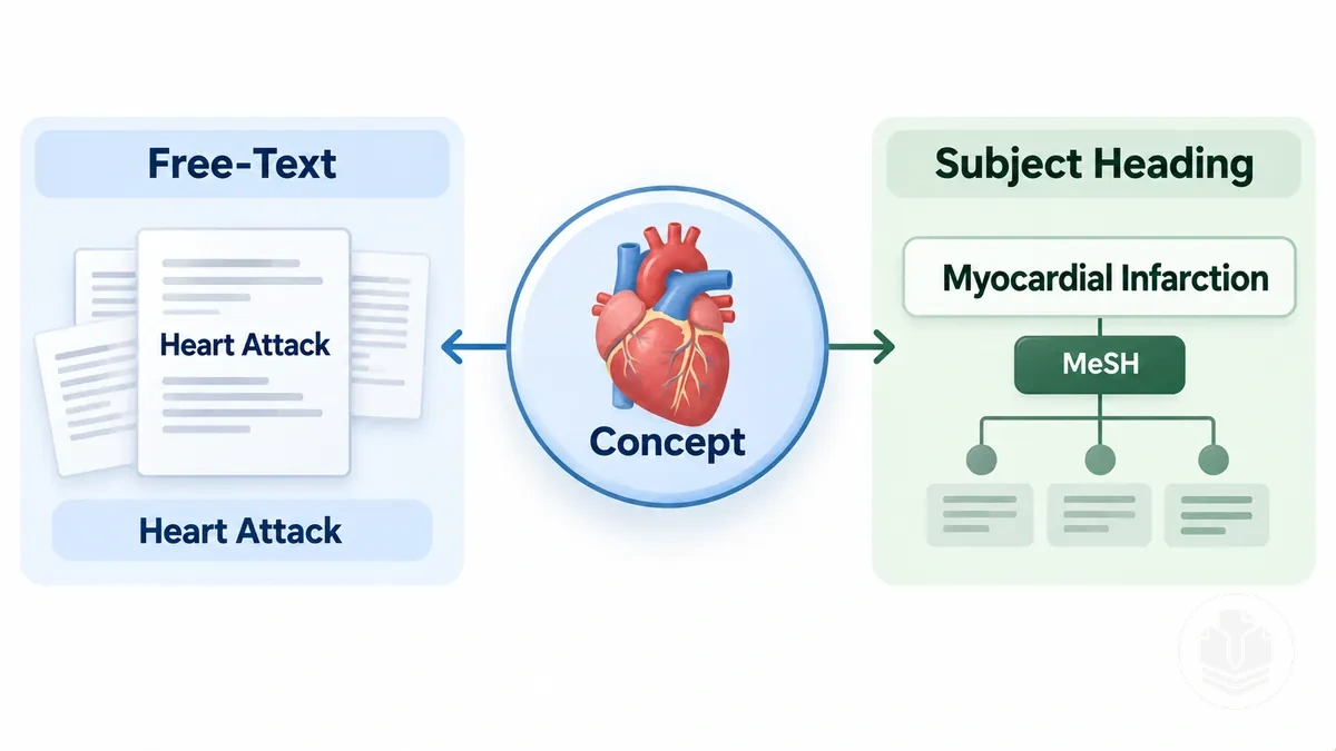 Bir literatür taraması arama kavramı için serbest metin anahtar kelimeleri ile kontrollü konu başlıklarının karşılaştırması.